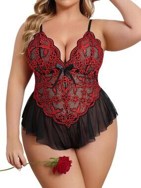 Plus Size Lace Teddy Lingerie for Women | V Neck Bodysuit, Sexy Sleepwear